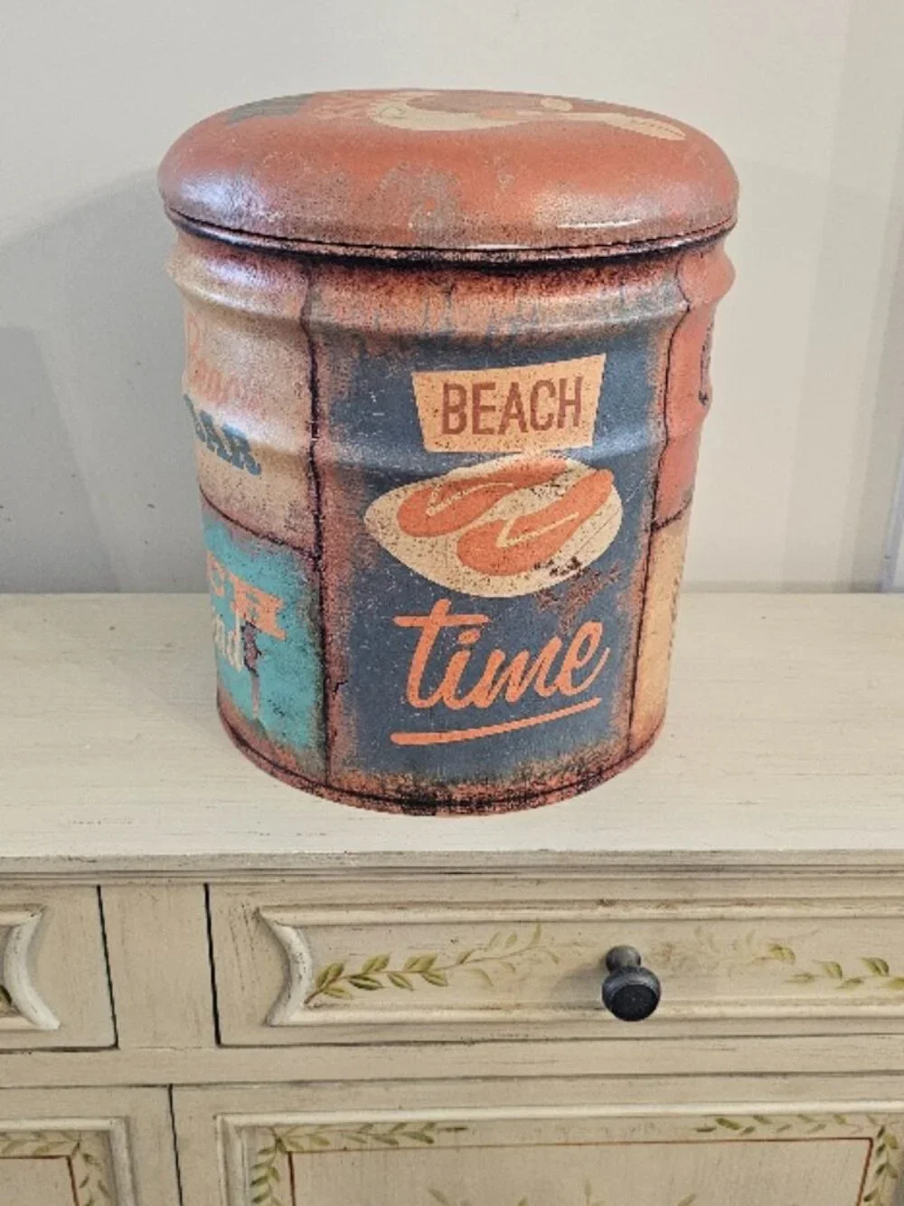 Vintage Retro Small Round Metal Storage Tub Ottoman Stool Beach Bar Padded Top